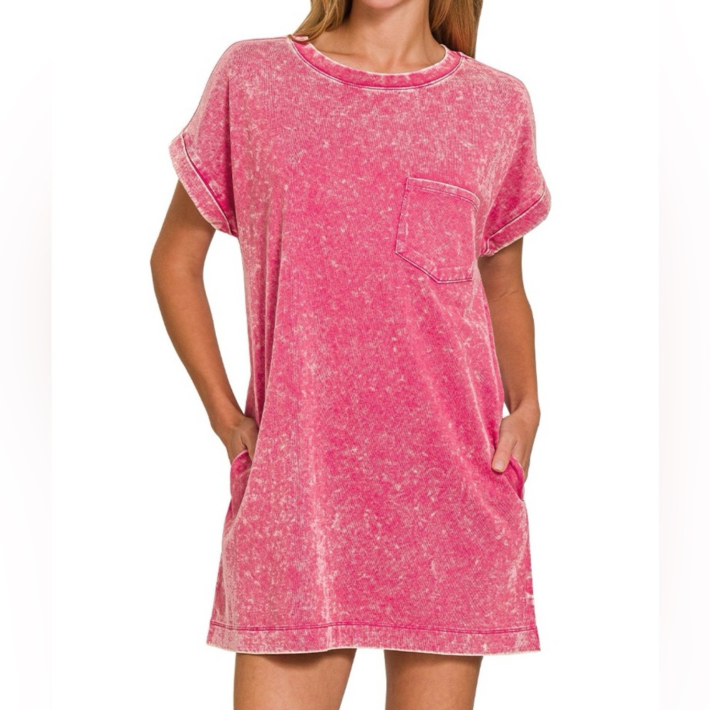 NWT Zenana Ash Pink Acid Wash Short Sleeve Mini Length T-Shirt Dress